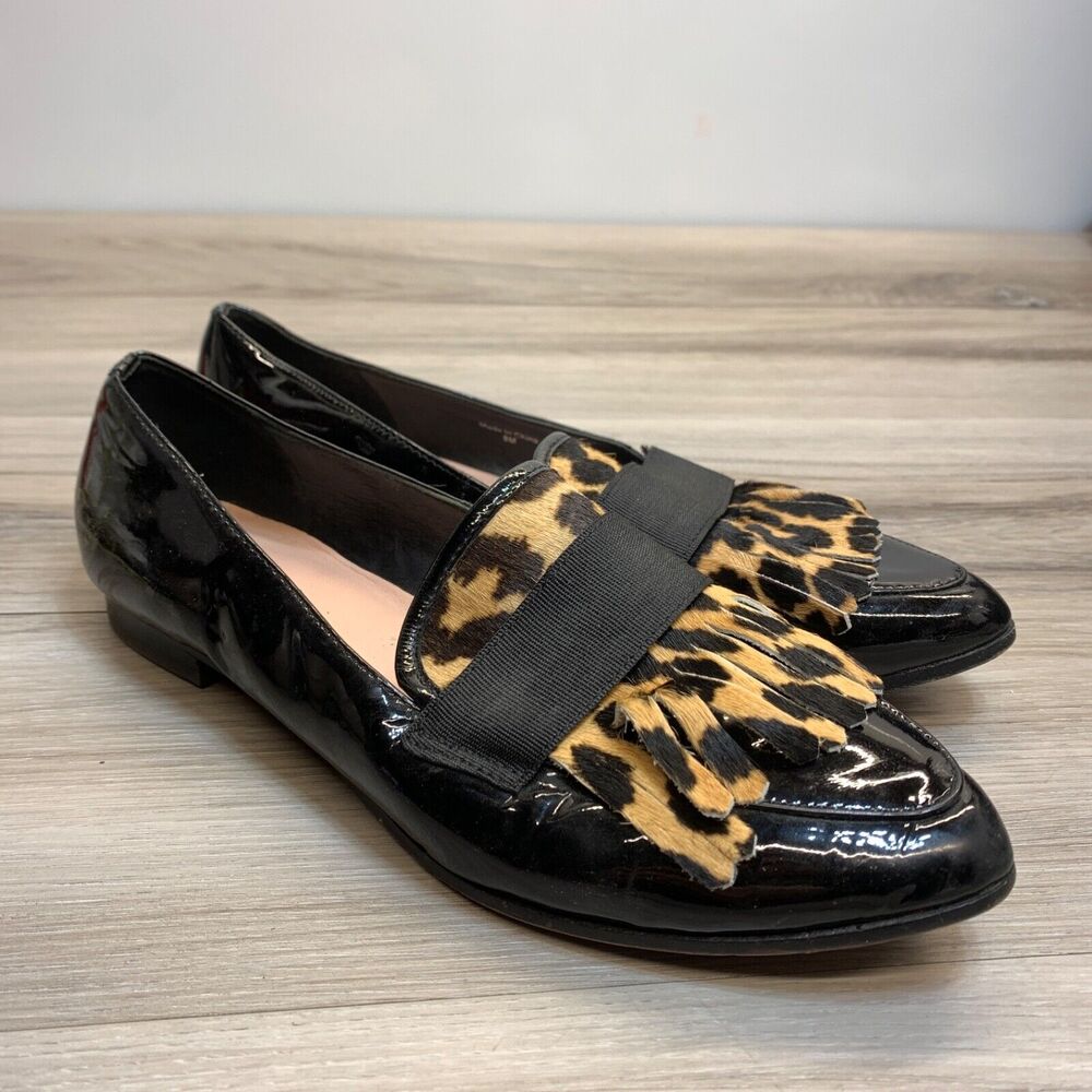 Kate Spade Cayla Patent Leather Loafers Size 8 Black Leopard Fur Fringe Designer